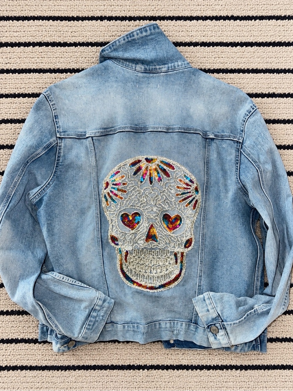 Light Wash Denim Jacket with Colorful Lace Embroidered Skull